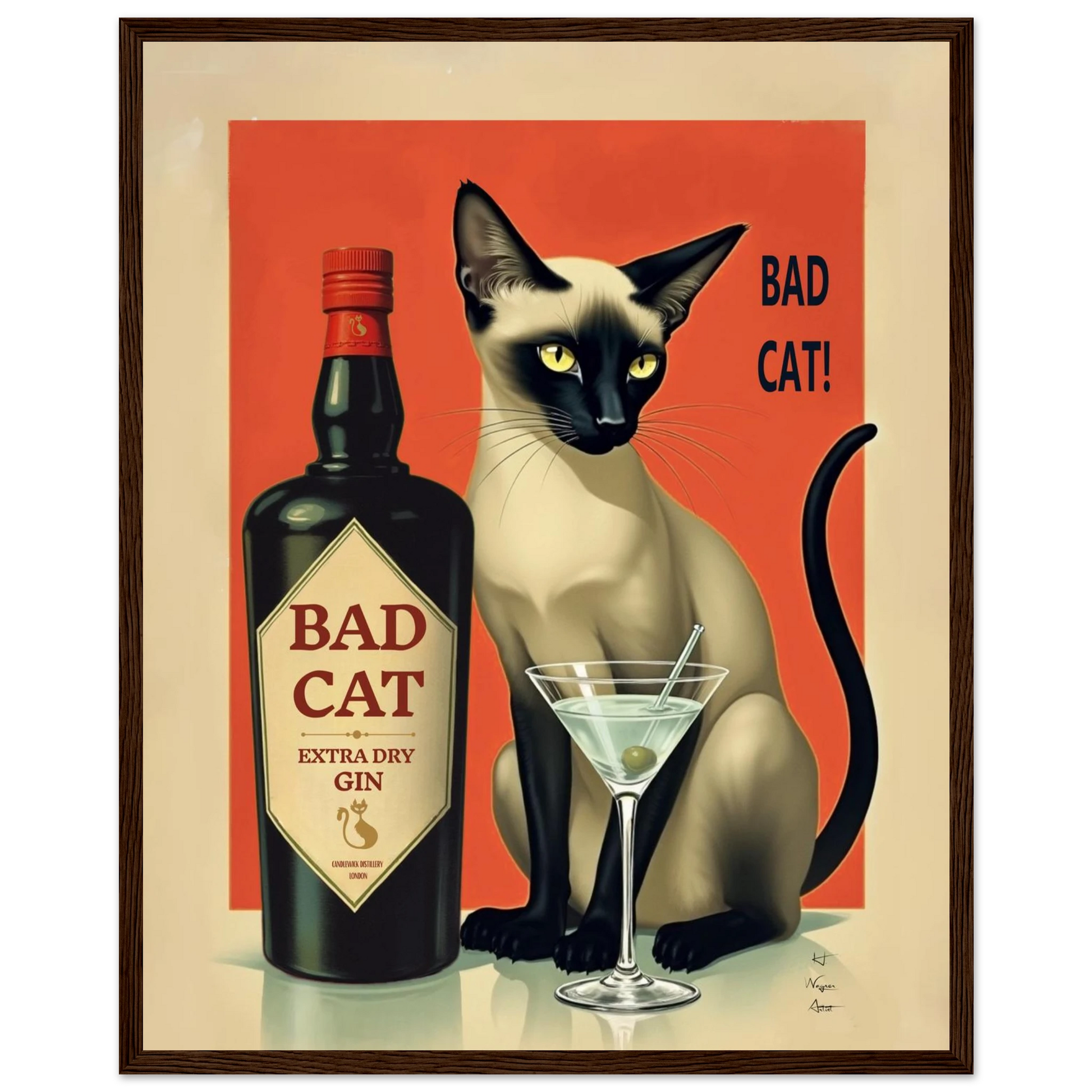 Siamese Cat Gin Martini Cocktail Art Print 40x50 cm 16x20″ Classic Matte Paper Wooden Framed Poster Dark Brown Wood Frame