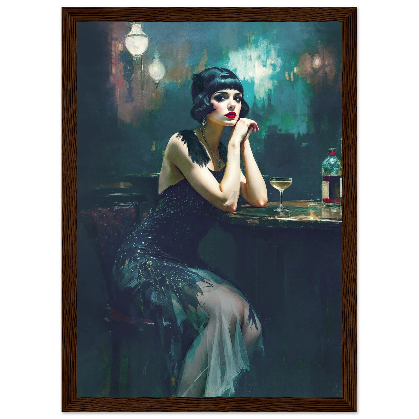 Jazz Age Speakeasy Flapper Art Print Dark Brown Wood Frame 21x29.7 cm 8x12" Classic Matte Framed Poster