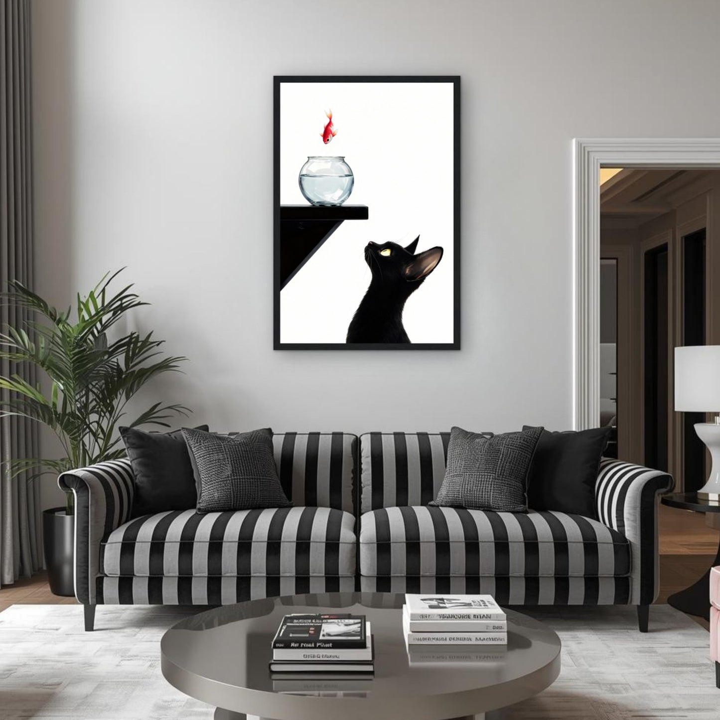 Curious Black Cat Goldfish Minimalist Art Print