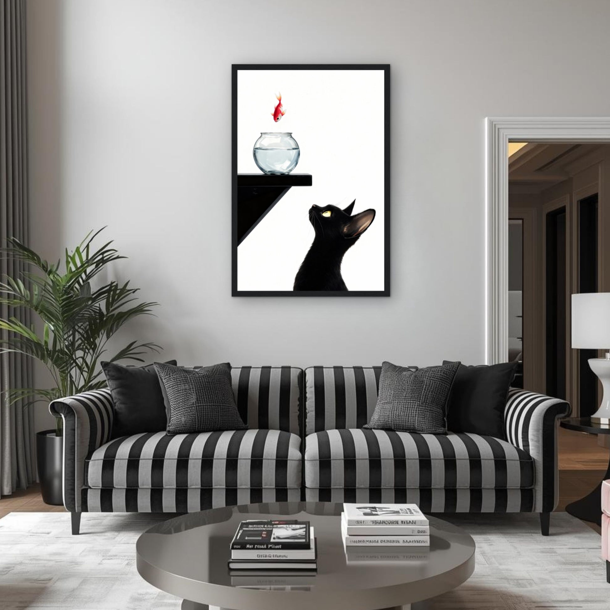 Curious Black Cat Goldfish Minimalist Art Print
