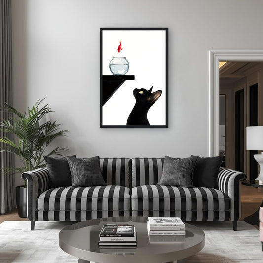 Curious Black Cat Goldfish Minimalist Art Print
