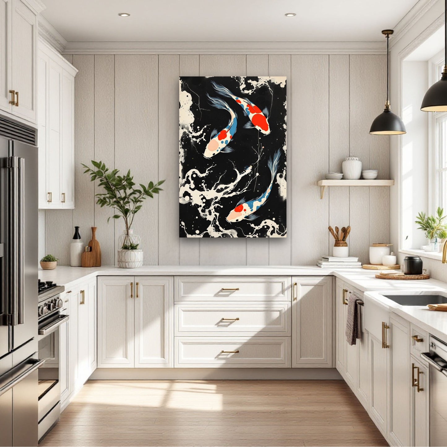 Mid-Century Modern Koi Fish Art Poster Print – Framed Abstract Black White Wall Décor