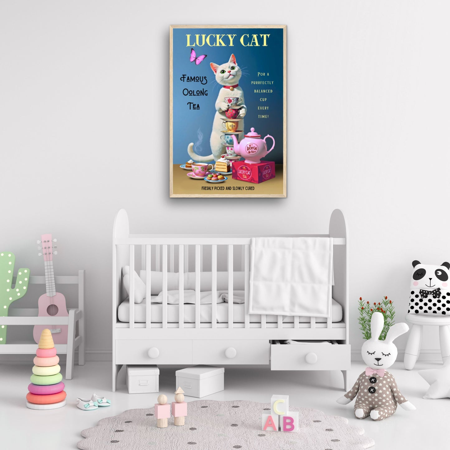 White Lucky Cat Tea Vintage Fine Art Print