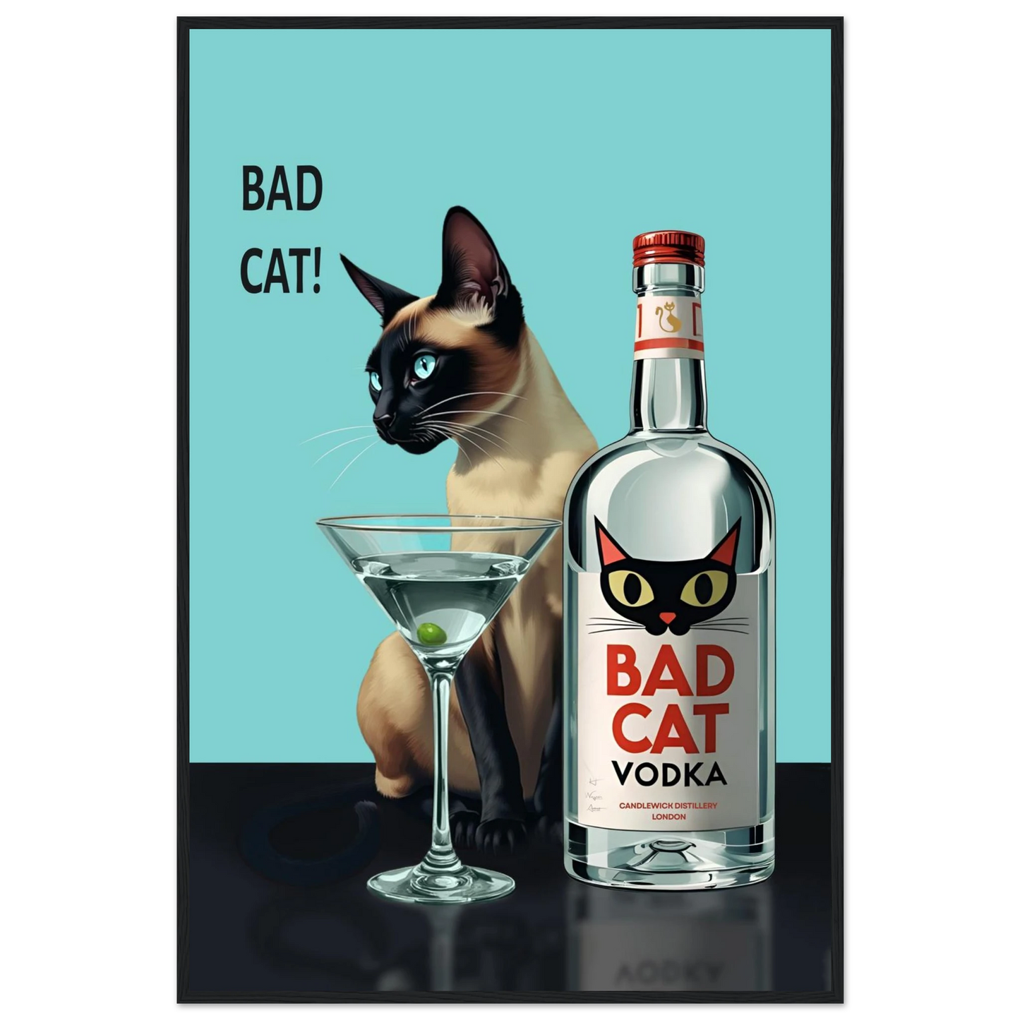 Siamese Cat Retro Martini Cocktail Bar Art Print Black Wood Frame 60x90 cm 24x36″ Framed Canvas