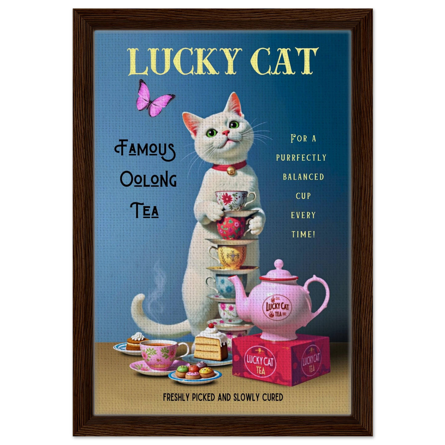 White Lucky Cat Tea Vintage Fine Art Print Dark Brown Wood Frame 30x45 cm 12x18″ Framed Canvas