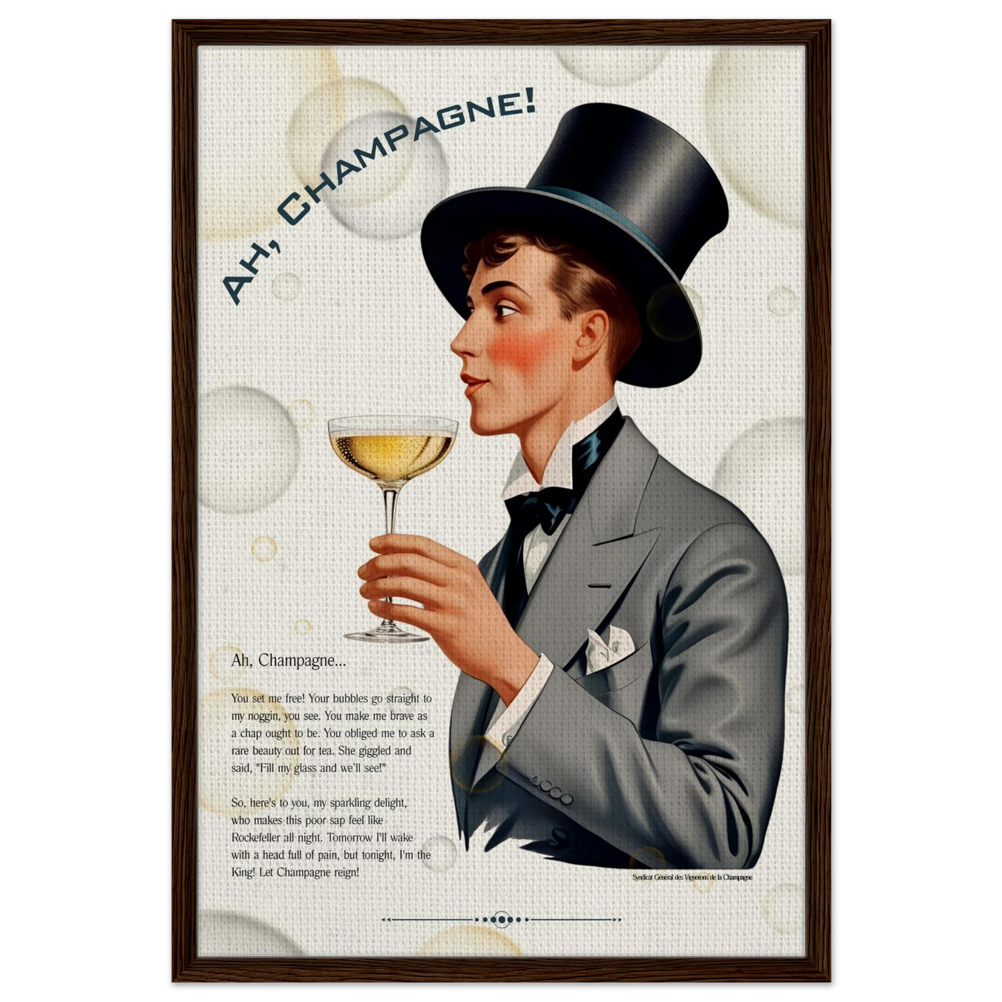 Art Deco Champagne Funny Poem Art Print 60x90 cm 24x36″ Framed Canvas Dark Brown Wood Frame