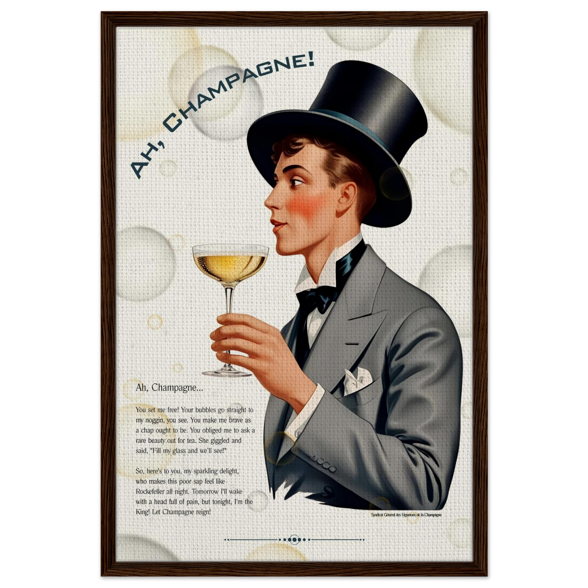 Art Deco Champagne Funny Poem Art Print 60x90 cm 24x36″ Framed Canvas Dark wood frame
