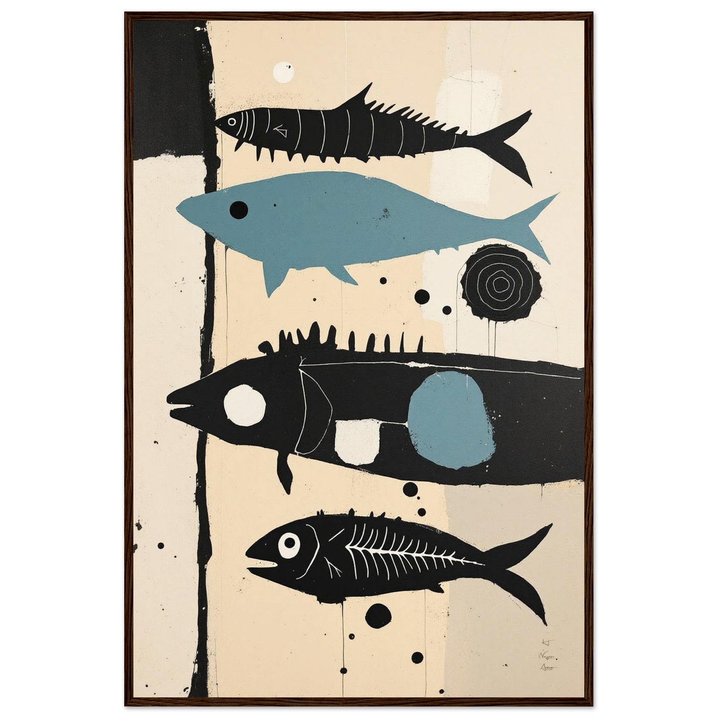 Mid-Century Modern Fish Art Poster Print – Framed Abstract Neutral Wall Decor Dark Brown Wood Frame 60x90 cm 24x36″ Classic Matte Wooden Framed Poster