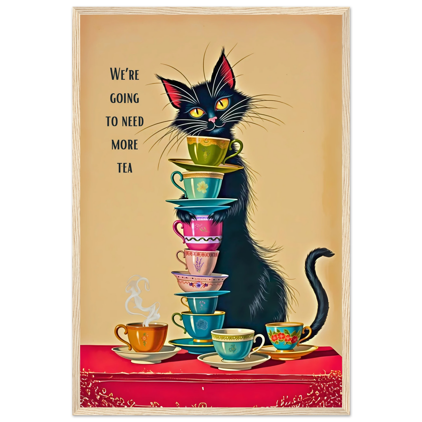 Quirky Cat Funny Tea Art Print 40x60 cm 16x24″ Premium Matte Paper Wooden Framed Poster Light Wood Frame