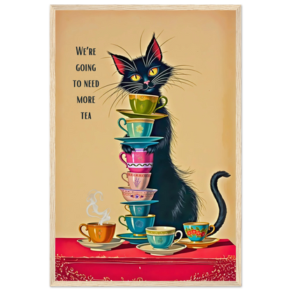 Quirky Cat Funny Tea Art Print 40x60 cm 16x24″ Premium Matte Paper Wooden Framed Poster Light Wood Frame