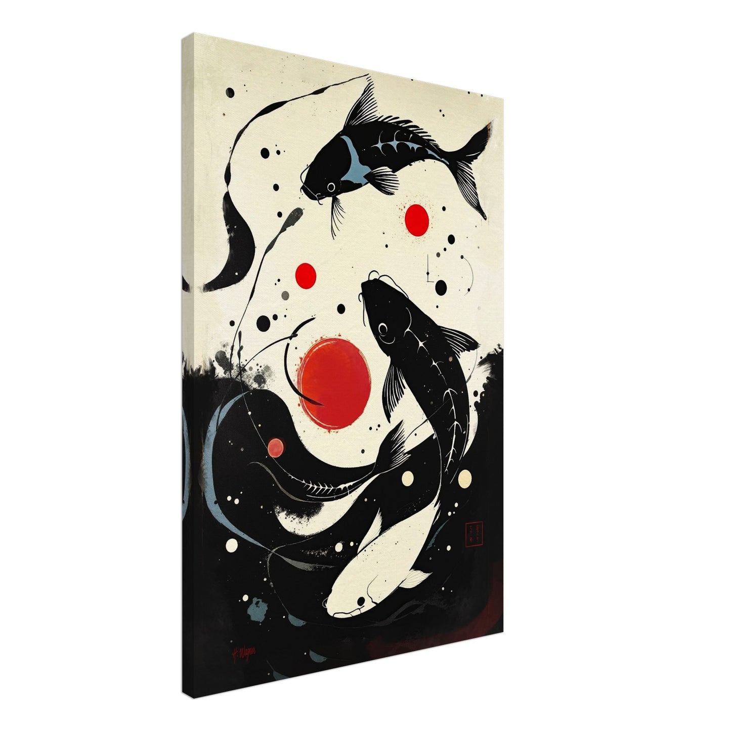 Mid-Century Modern Koi Fish Art Poster Print – Framed Abstract Black White Wall Décor 60x90 cm 24x36″ Gallery Wrapped Canvas No Frame