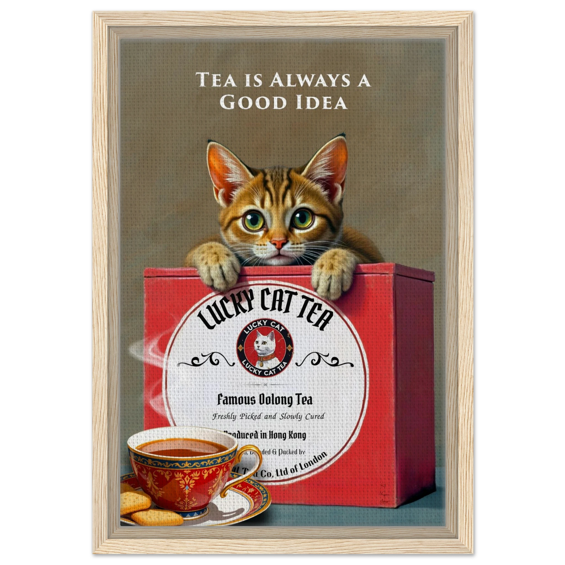 Tabby Lucky Cat Tea Vintage Kitchen Art Print Light Wood Frame 30x45 cm 12x18″ Framed Canvas