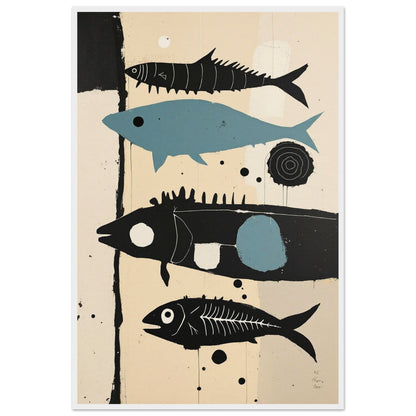 Mid-Century Modern Fish Art Poster Print – Framed Abstract Neutral Wall Decor White Wood Frame 60x90 cm 24x36″ Museum-Quality Matte Wooden Framed Poster