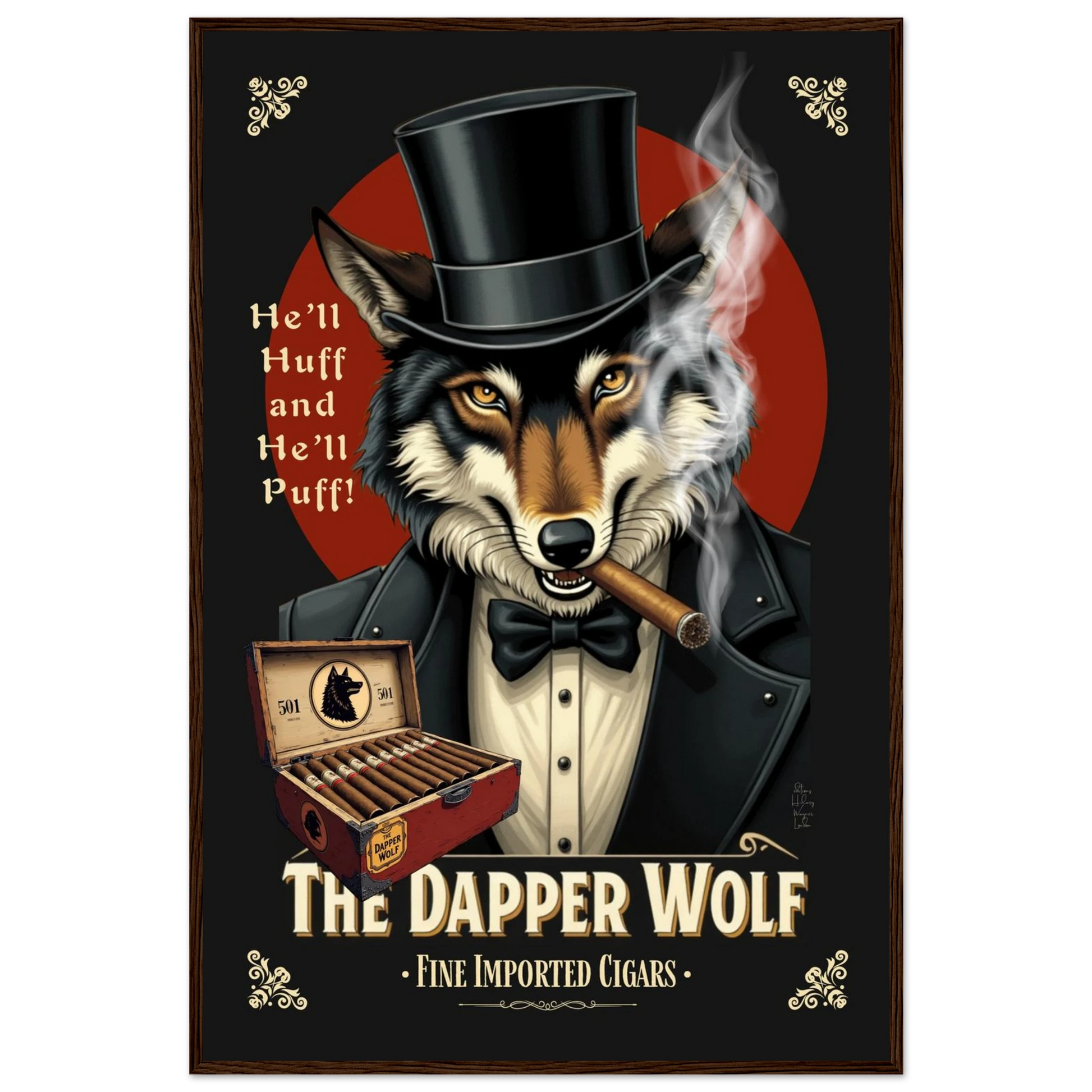 Smoking Wolf Speakeasy Cigar Art Print 60x90 cm 24x36″ Classic Matte Framed Poster Dark Brown Wood Frame