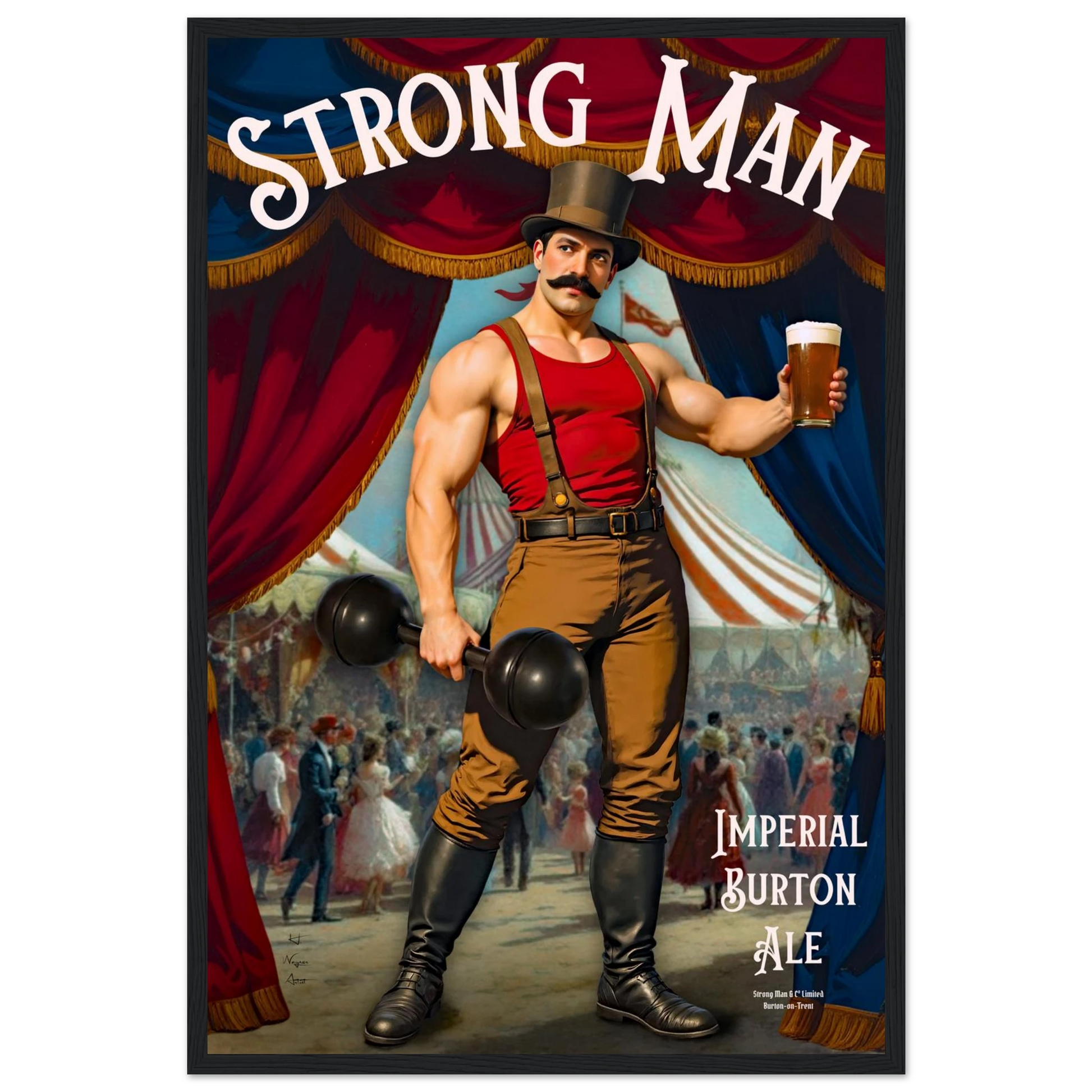 Vintage Victorian Circus Strongman Ale Art Print Black Wood Frame 40x60 cm 16x24″ Premium Matte Wooden Framed Poster