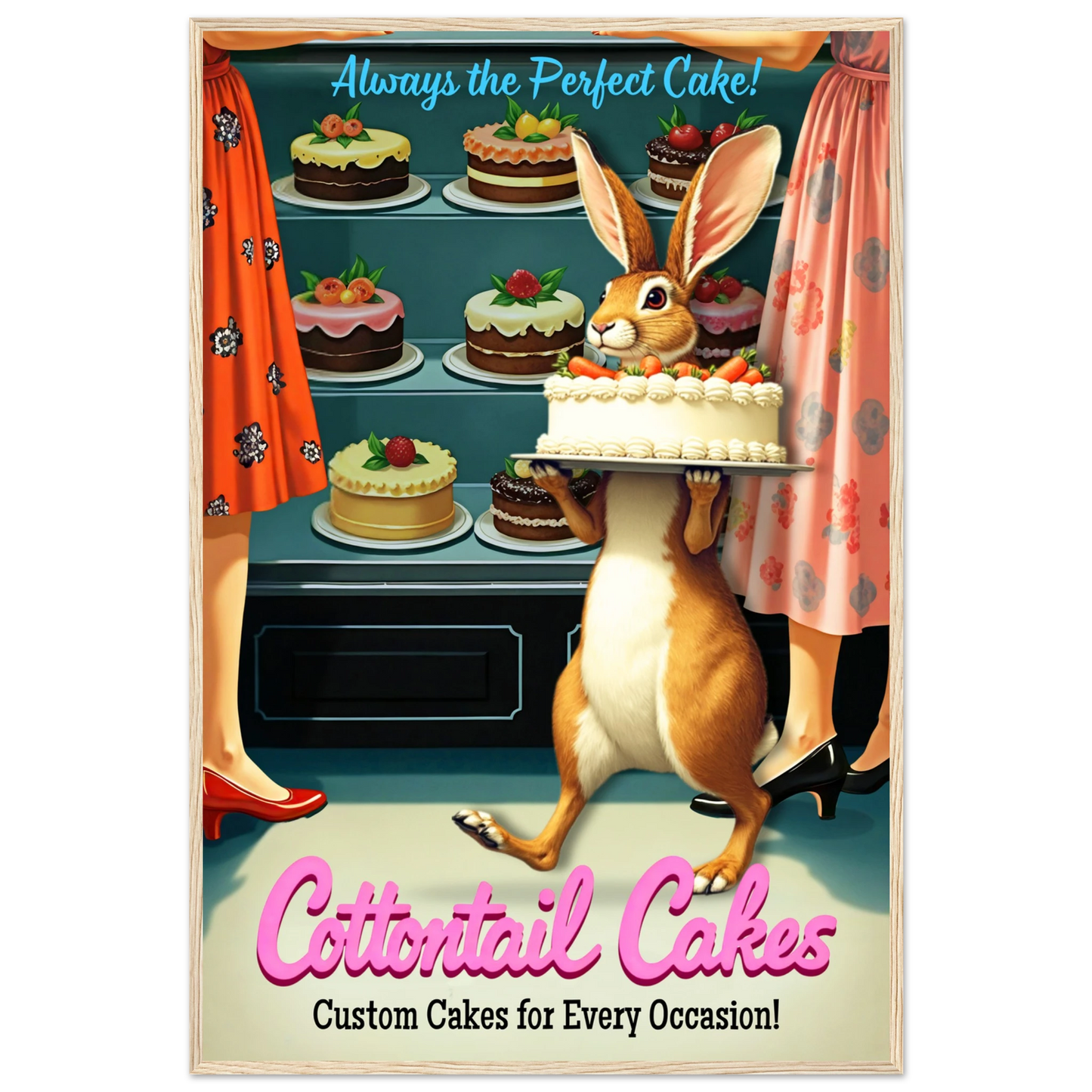 Cottontail Rabbit Bakery 1950s Kitchen Print Light Wood Frame 60x90 cm 24x36″ Premium Matte Framed Poster