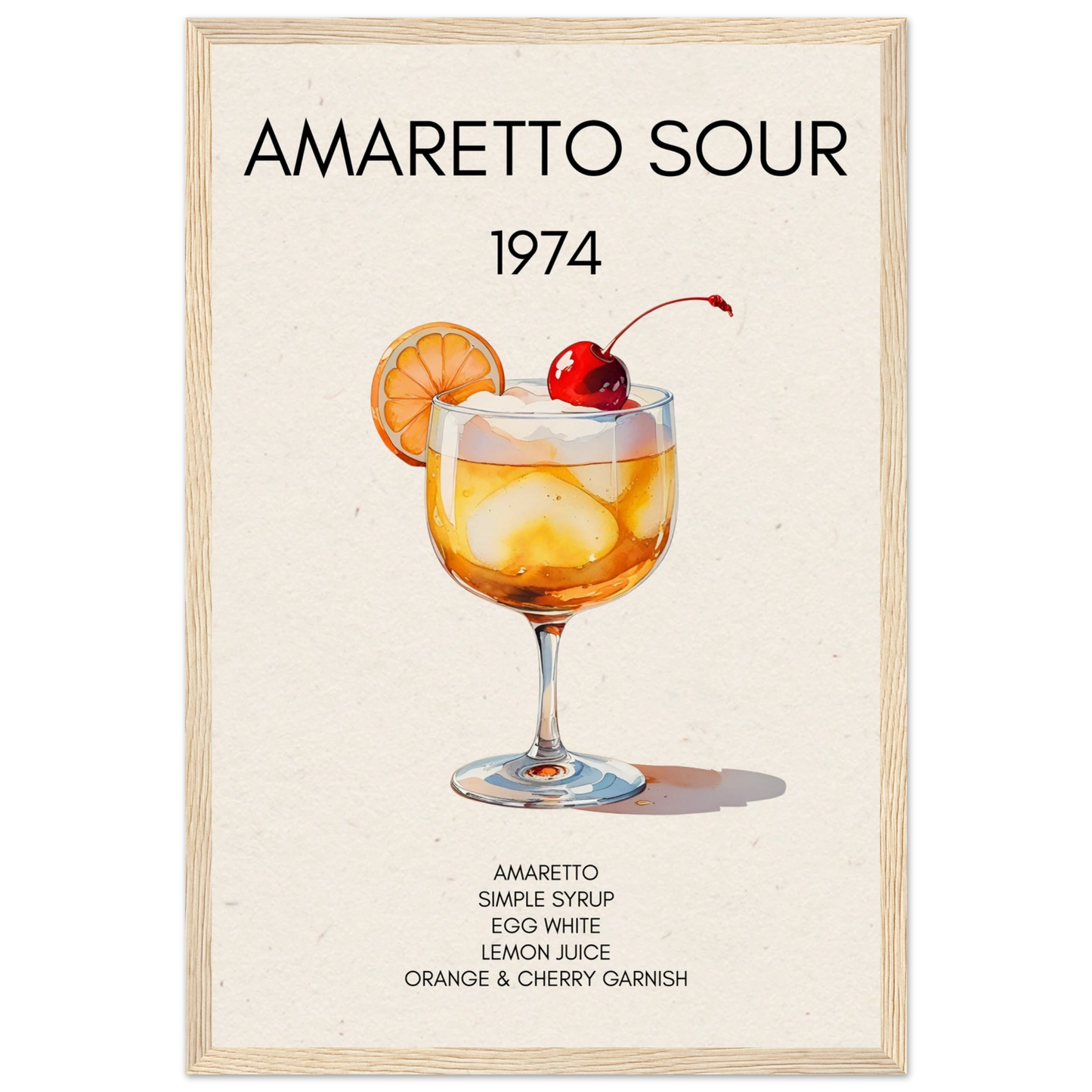 Amaretto Sour Cocktail Bar Art Print Light Wood Frame 30x45 cm 12x18″ Museum-Quality Matte Paper Wooden Framed Poster