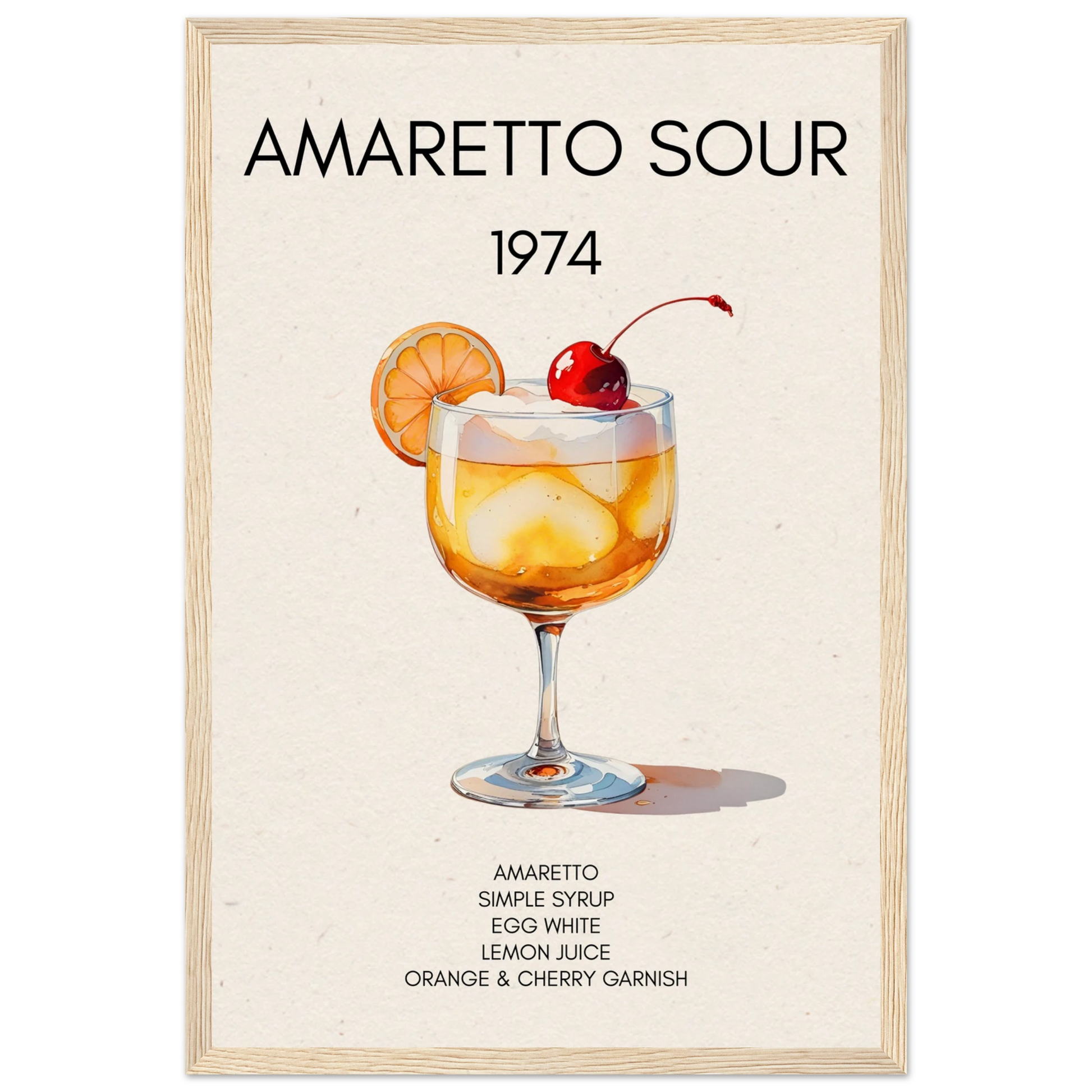 Amaretto Sour Cocktail Bar Art Print Light Wood Frame 30x45 cm 12x18″ Museum-Quality Matte Paper Wooden Framed Poster
