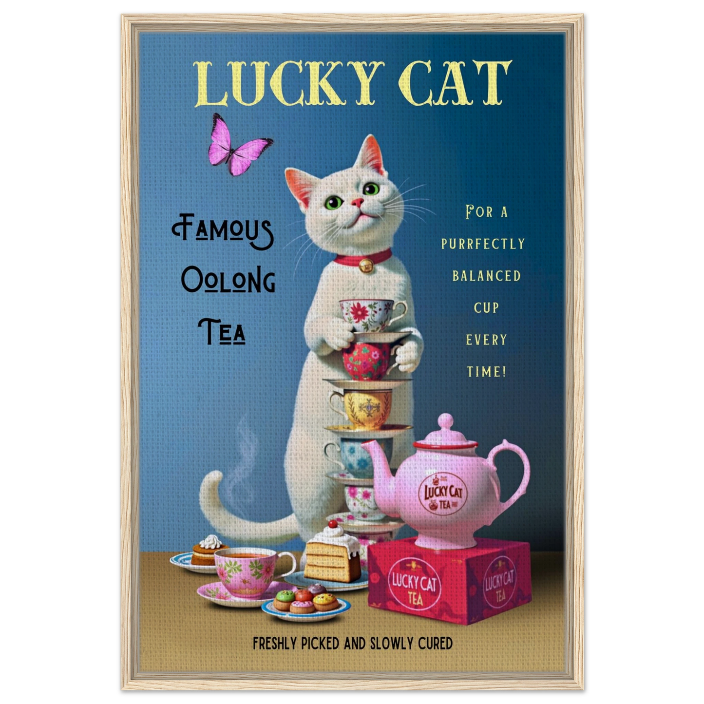 White Lucky Cat Tea Vintage Fine Art Print Light Wood Frame 60x90 cm 24x36″ Framed Canvas