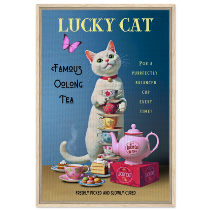 White Lucky Cat Tea Vintage Fine Art Print Light Wood Frame 60x90 cm 24x36″ Framed Canvas