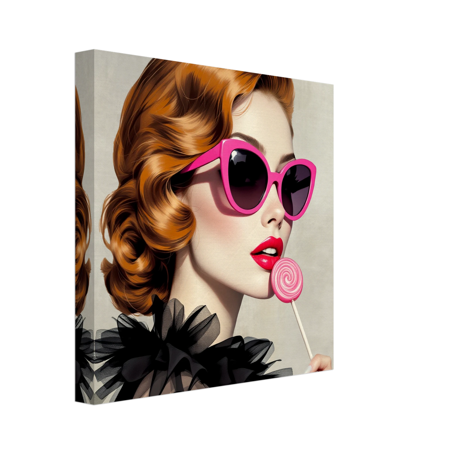 Retro Glam Fashion Model Lollipop Art Print Gallery Wrapped Canvas 30x30 cm 12x12″