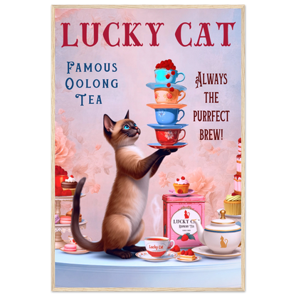 Siamese Lucky Cat Vintage Tea Art Print 60x90 cm 24x36″ Premium Matte Paper Wooden Framed Poster Light Wood Frame