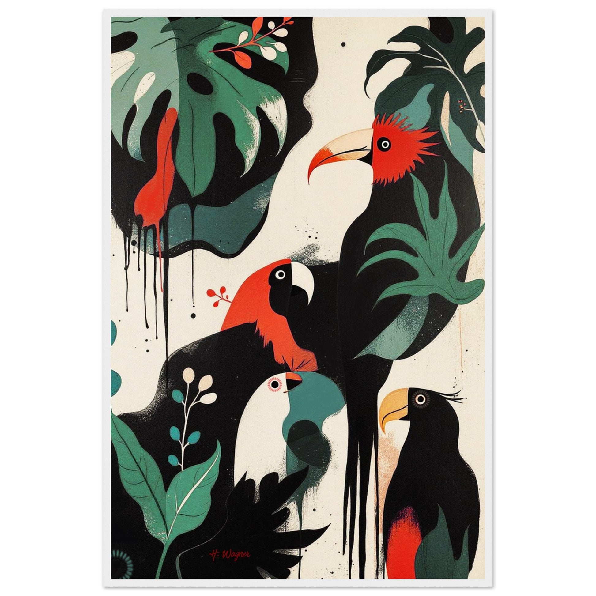 Mid-Century Modern Exotic Bird Art Poster Print - Framed Tropical Parrot Wall Décor White Wood Frame 60x90 cm 24x36″ Museum-Quality Matte Wooden Framed Poster