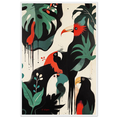 Mid-Century Modern Exotic Bird Art Poster Print - Framed Tropical Parrot Wall Décor White Wood Frame 60x90 cm 24x36″ Museum-Quality Matte Wooden Framed Poster