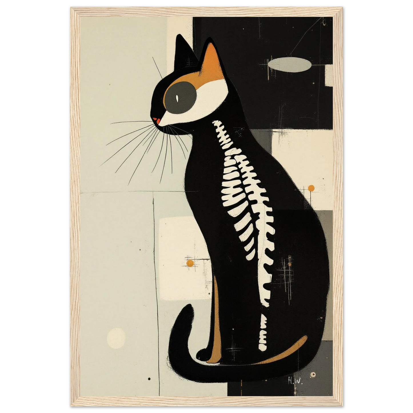 Modern Cat Skeleton Abstract Art Poster Print Light Wood Frame 30x45 cm 12x18″ Museum-Quality Matte Paper Wooden Framed Poster