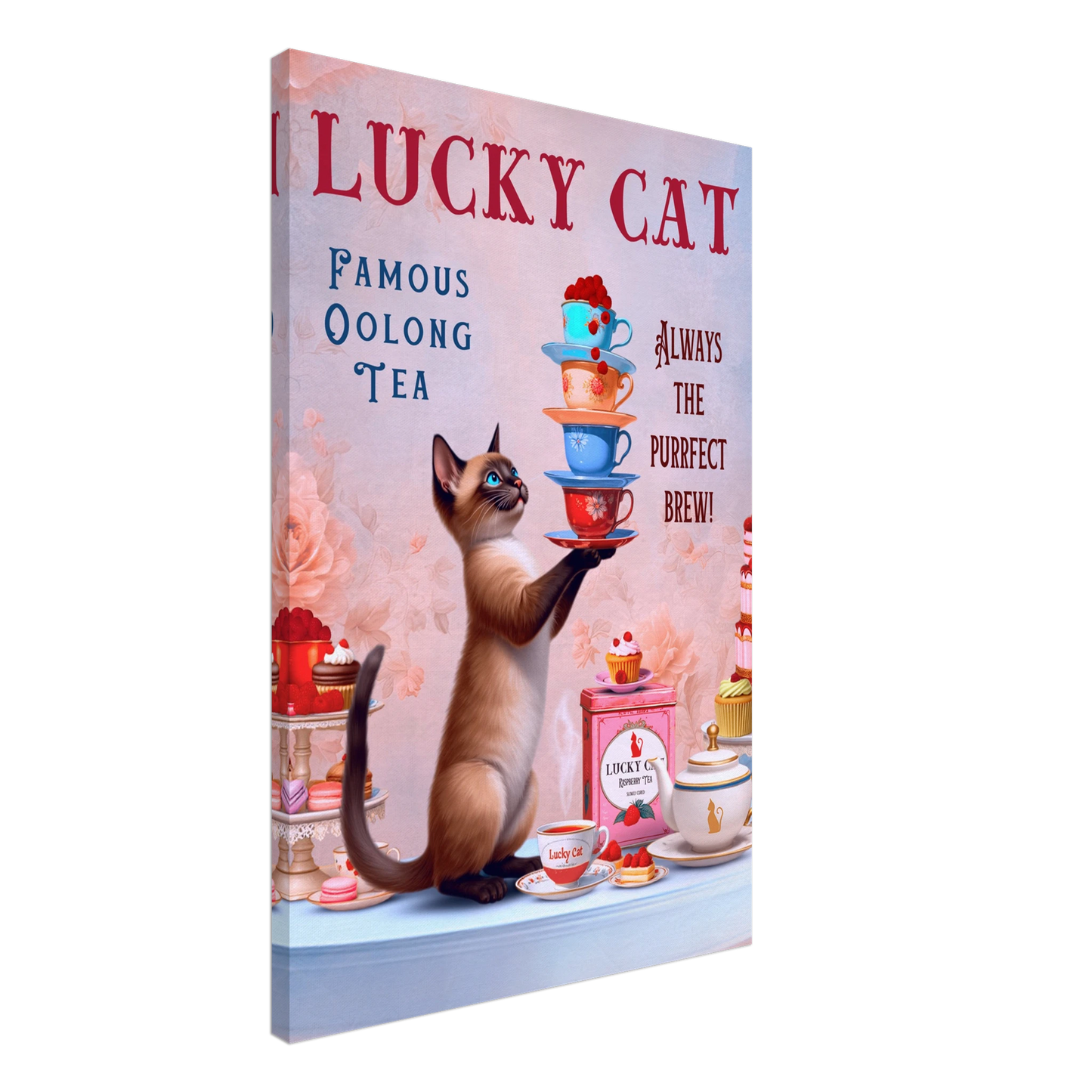 Siamese Lucky Cat Vintage Tea Art Print 60x90 cm 24x36″ Gallery Wrapped Canvas No Frame