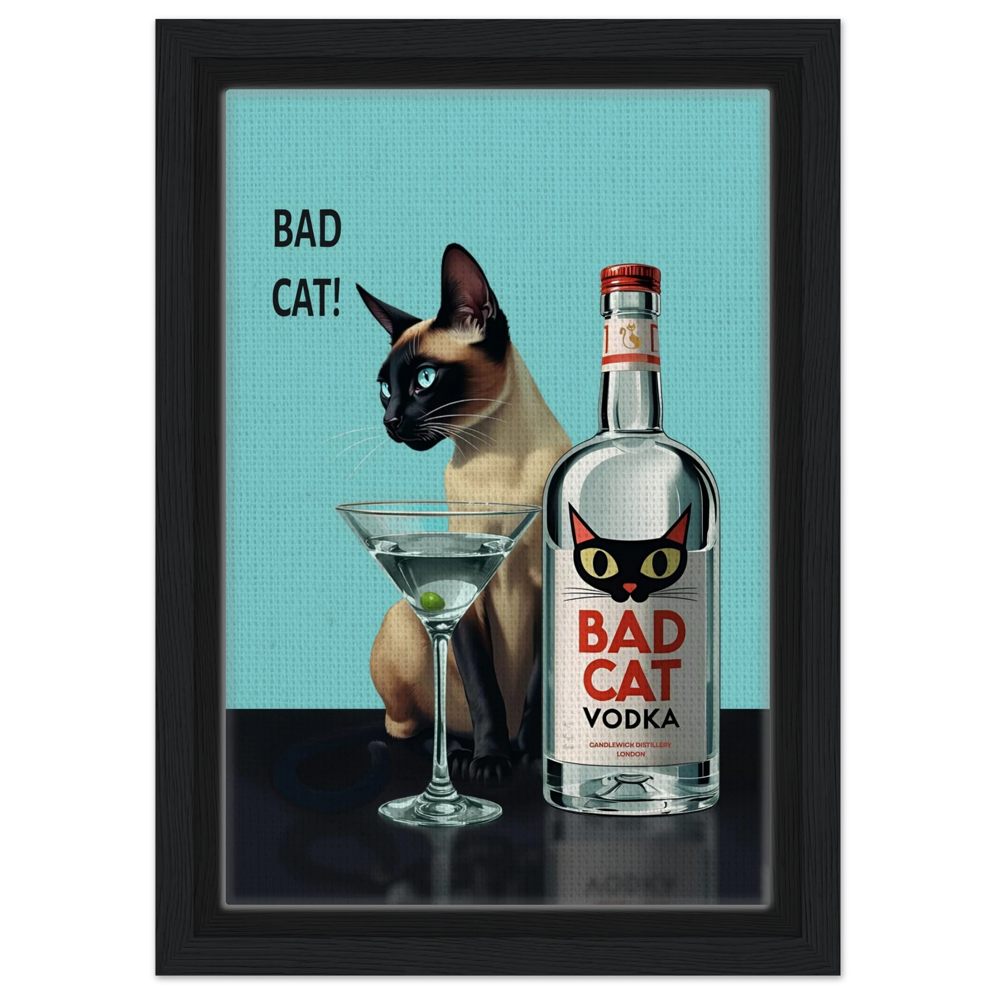 Siamese Cat Retro Martini Cocktail Bar Art Print Black Wood Frame 20x30 cm 8x12″ Framed Canvas