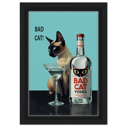Siamese Cat Retro Martini Cocktail Bar Art Print Black Wood Frame 20x30 cm 8x12″ Framed Canvas