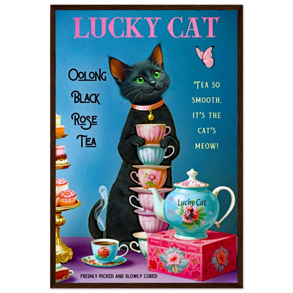 Lucky Cat Vintage Oolong Tea Art Print 40x60 cm 16x24″ Premium Matte Paper Wooden Framed Poster Dark Brown Wood Frame