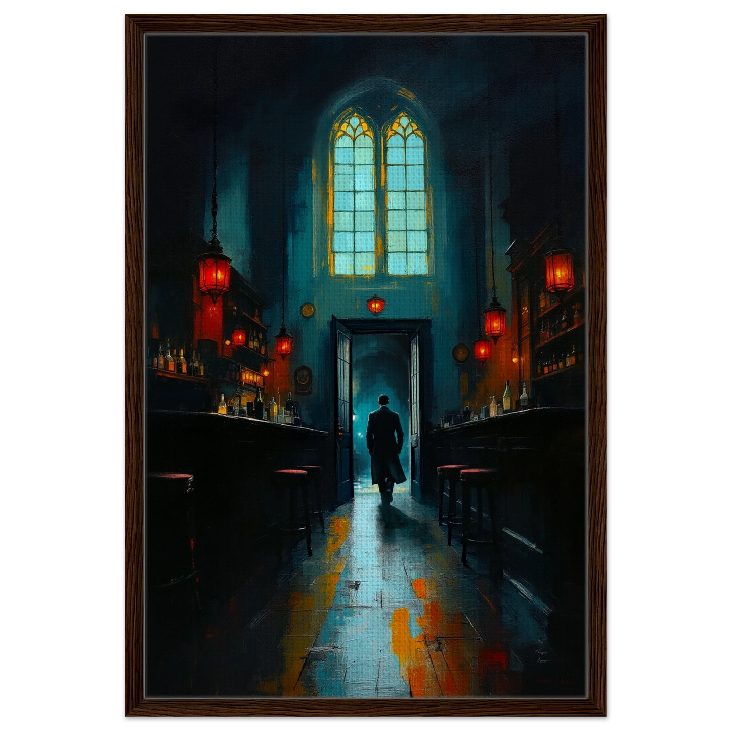 Speakeasy Bootleg Bar Prohibition Art Print Dark Brown Wood Frame 60x90 cm 24x36″ Framed Canvas