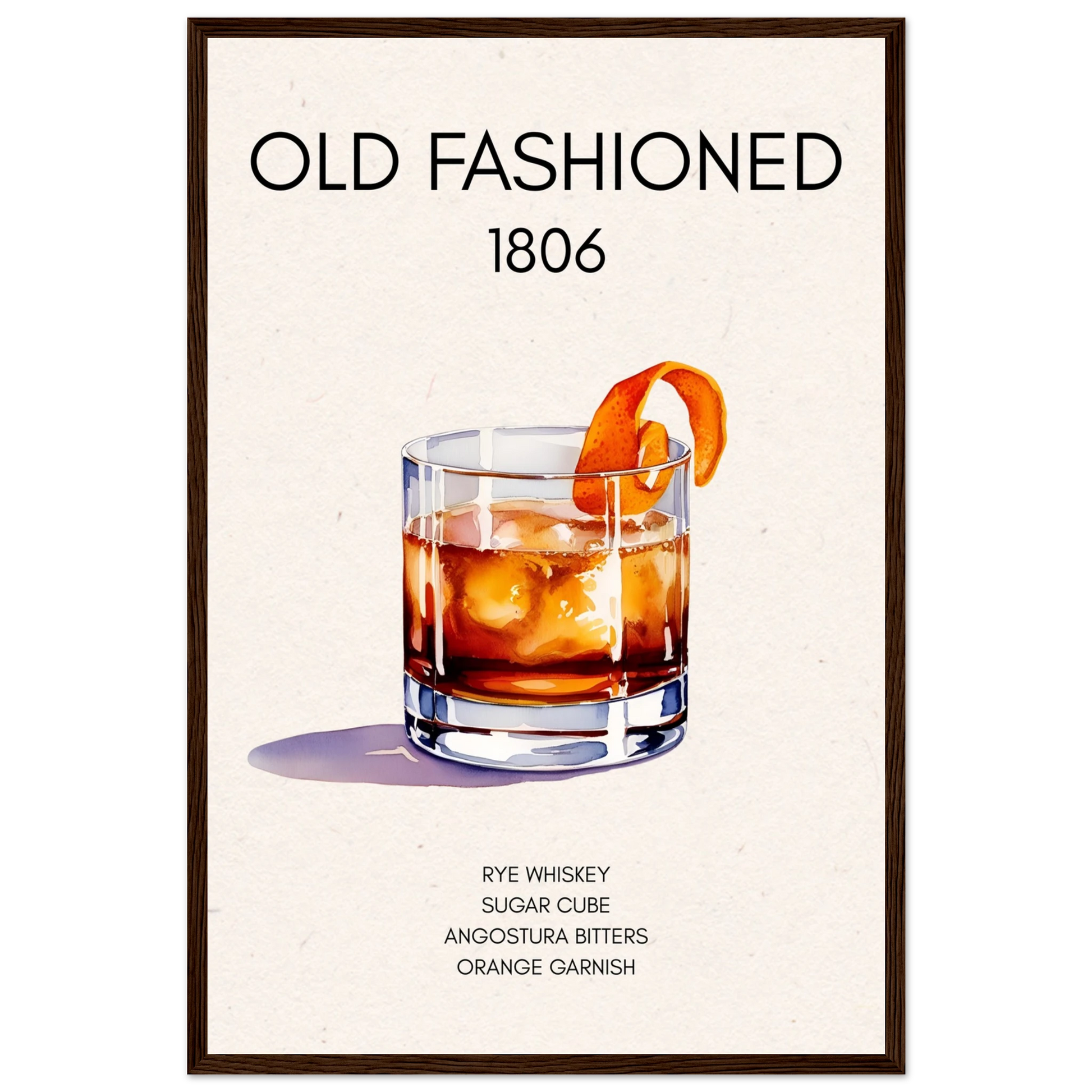 Classic Old Fashioned Cocktail Bar Art Print Dark Brown Wood Frame 40x60 cm 16x24″ Premium Matte Paper Wooden Framed Poster