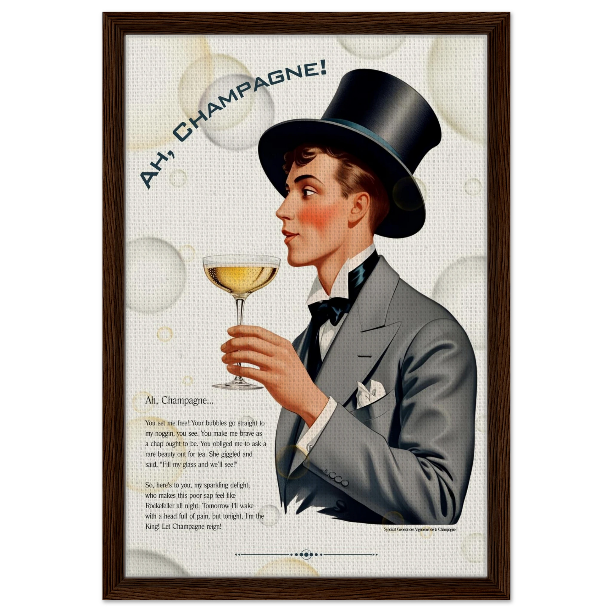 Art Deco Champagne Funny Poem Art Print 40x60 cm 16x24″ Framed Canvas Dark wood frame