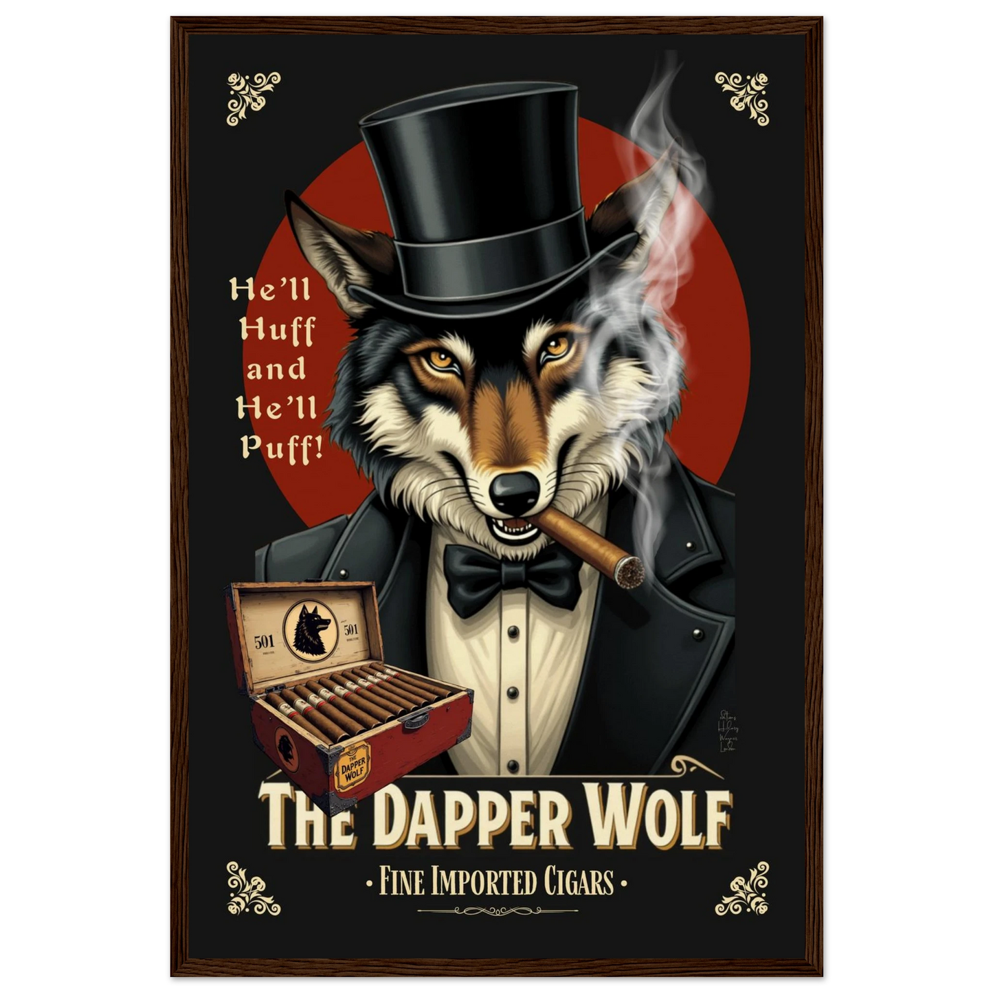 Smoking Wolf Retro Cigar Art Print 40x60 cm 16x24″ Museum-Quality Matte Paper Wooden Framed Poster Dark Brown Wood Frame