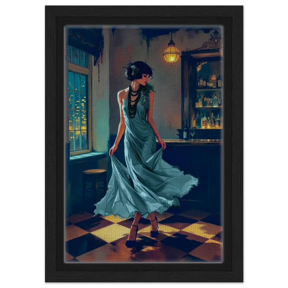 1920s Moonlit Flapper Speakeasy Art Print 20x30 cm 8x12″ Framed Canvas Black Wood Frame