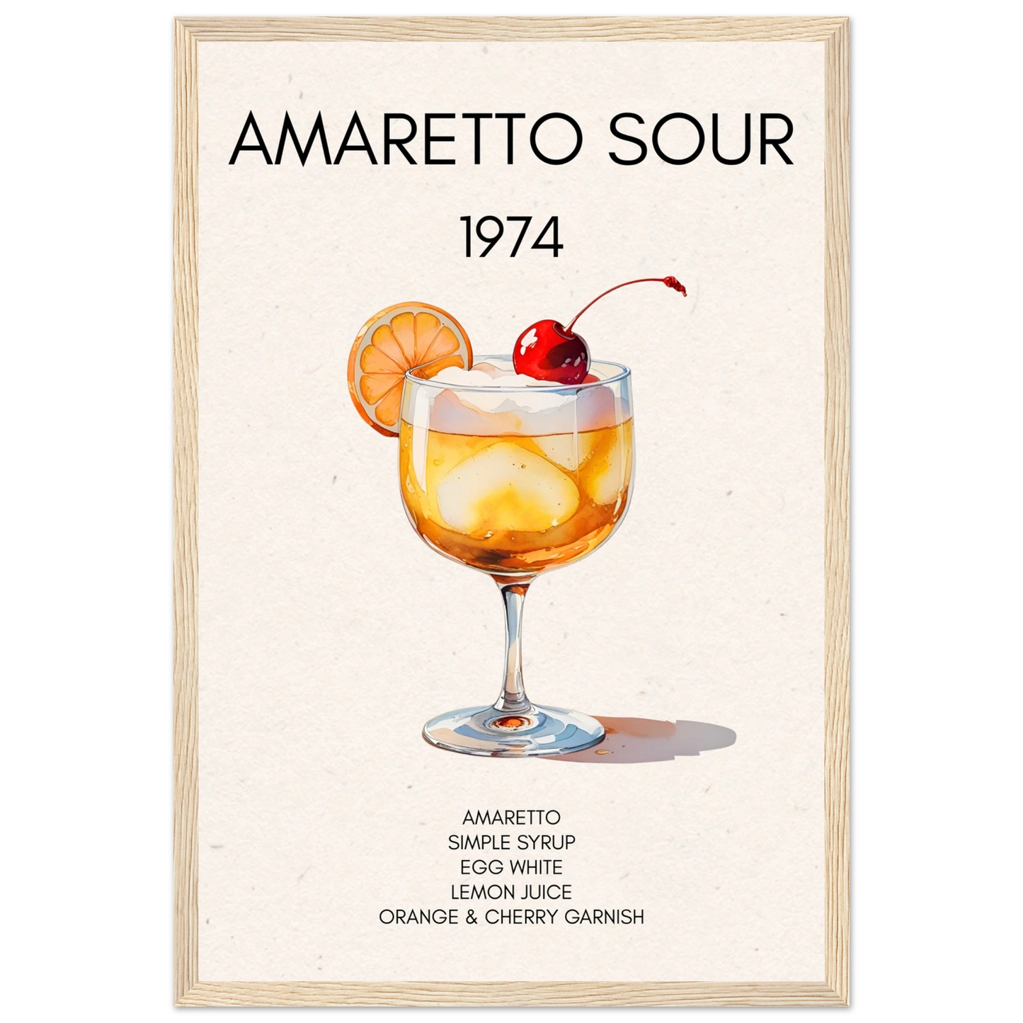 Amaretto Sour Cocktail Bar Art Print Light Wood Frame 30x45 cm 12x18″ Classic Matte Paper Wooden Framed Poster