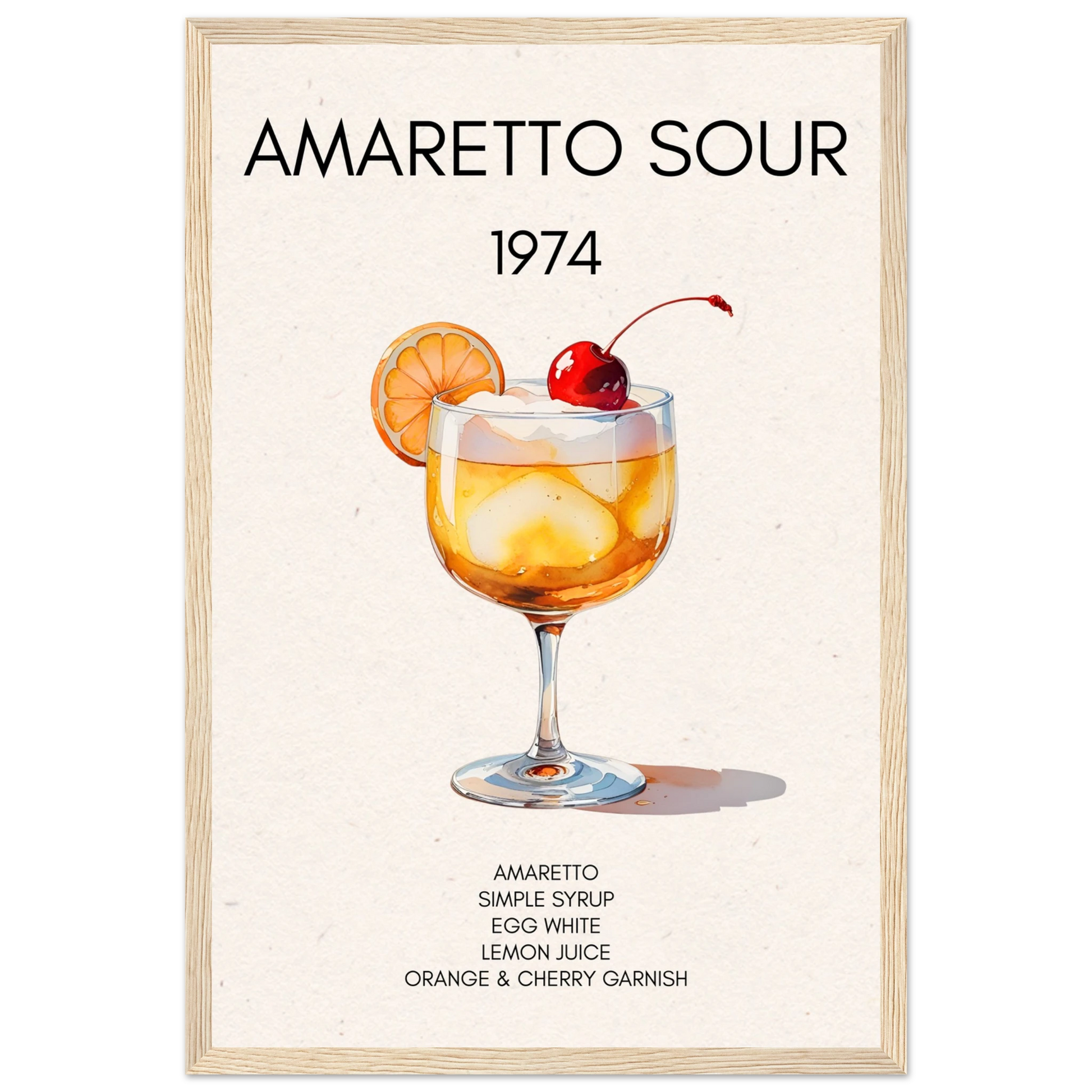 Amaretto Sour Cocktail Bar Art Print Light Wood Frame 30x45 cm 12x18″ Classic Matte Paper Wooden Framed Poster