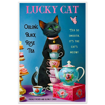 Lucky Cat Vintage Oolong Tea Art Print 60x90 cm 24x36″ Museum-Quality Matte Paper Wooden Framed Poster White Wood Frame