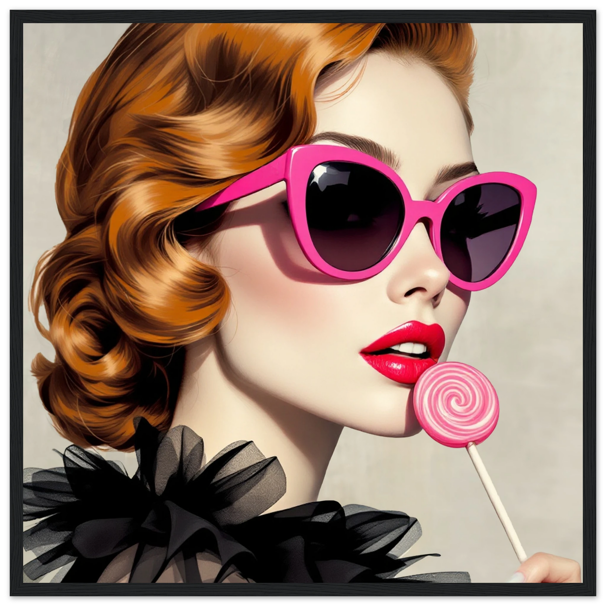 Retro Glam Fashion Model Lollipop Art Print Classic Matte Paper Wooden Framed Poster 50x50 cm 20x20″