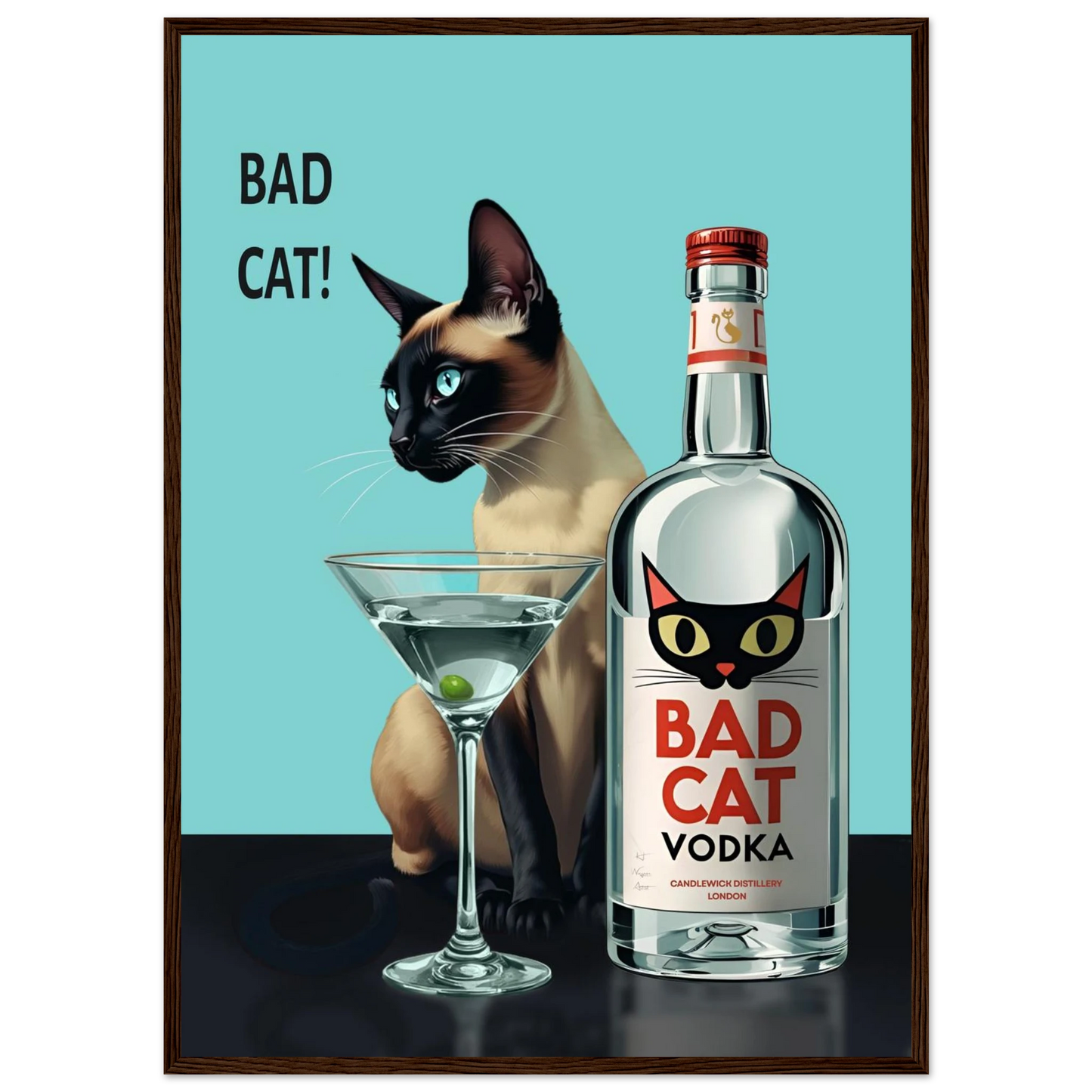 Siamese Cat Retro Martini Cocktail Bar Art Print Dark Brown Wood Frame 50x70 cm 20x28″ Premium Matte Paper Wooden Framed Poster