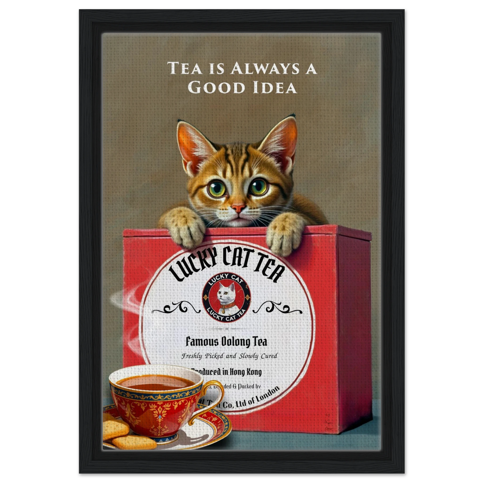 Tabby Lucky Cat Tea Vintage Kitchen Art Print Black Wood frame 30x45 cm 12x18″ Framed Canvas
