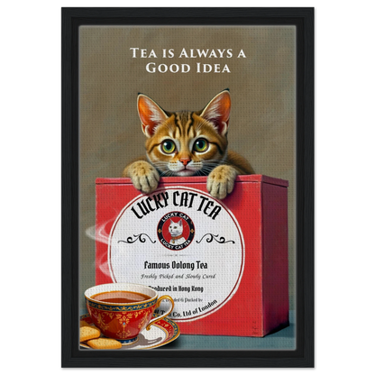 Tabby Lucky Cat Tea Vintage Kitchen Art Print Black Wood frame 30x45 cm 12x18″ Framed Canvas
