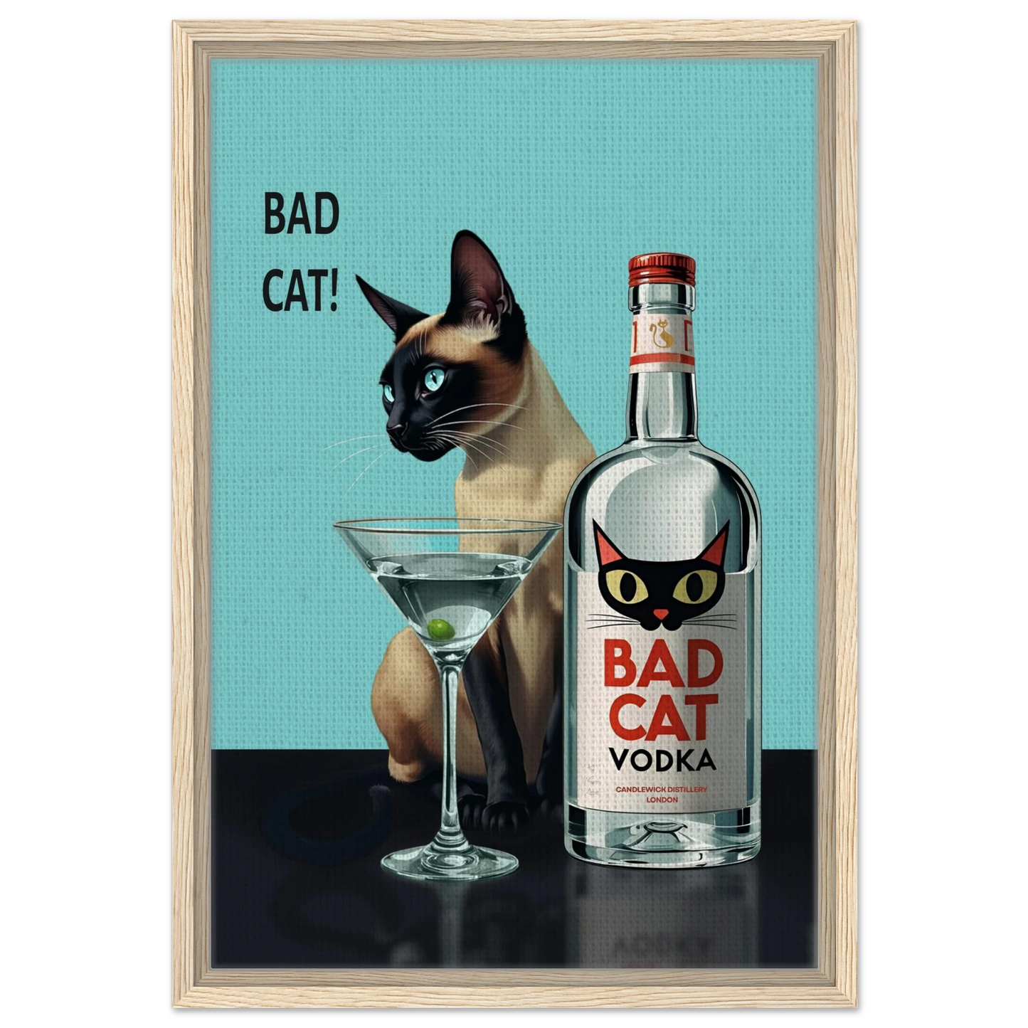 Siamese Cat Retro Martini Cocktail Bar Art Print Light Wood Frame 40x60 cm 16x24″ Framed Canvas