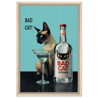Siamese Cat Retro Martini Cocktail Bar Art Print Light Wood Frame 40x60 cm 16x24″ Framed Canvas