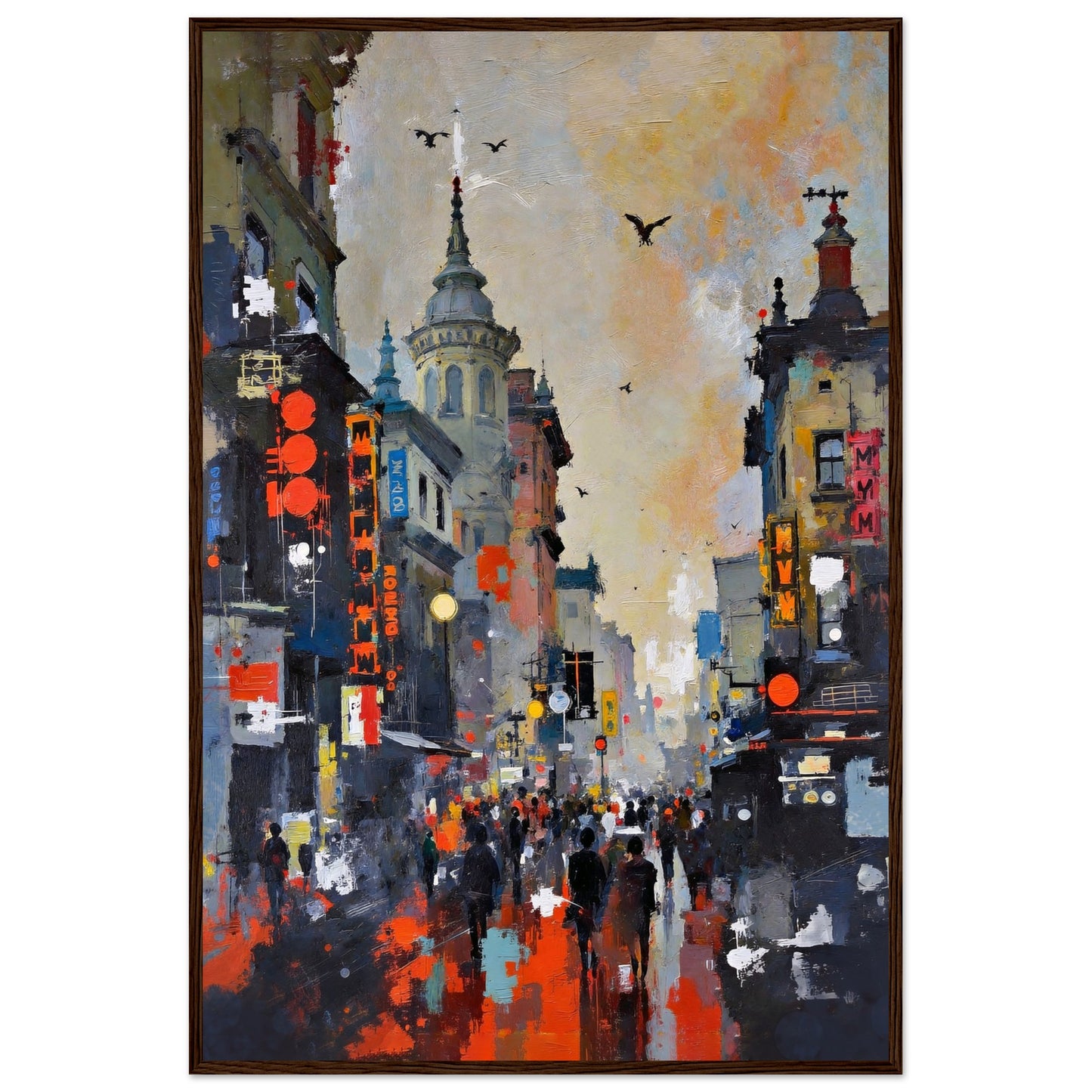 Gothic City Street Art Print - European Cityscape 60x90 cm 24x36″ Premium Matte Framed Poster - Dark Brown Wood