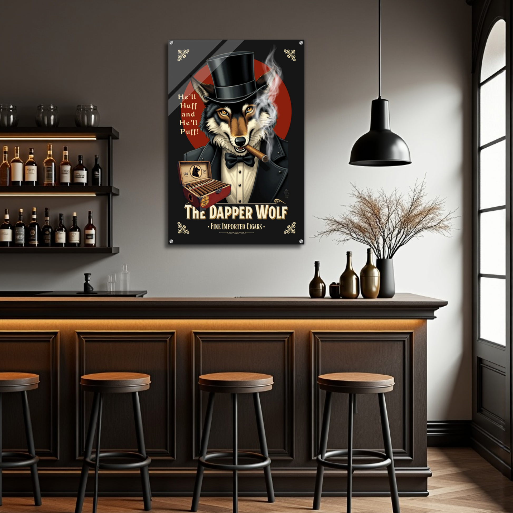 Smoking Wolf Retro Cigar Art Print 30x45 cm 12x18″ Premium Matte Paper Wooden Framed Poster Dark Brown Wood Frame