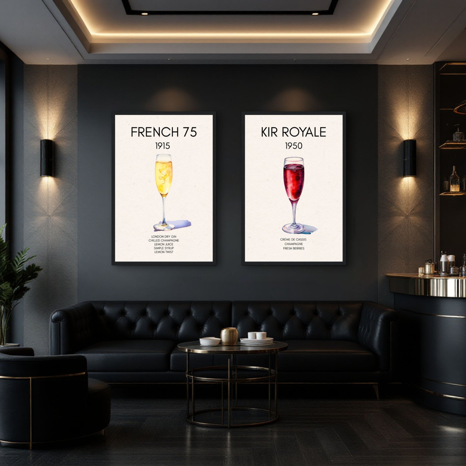 French 75 Cocktail Art Print Dark Brown Wood Frame 60x90 cm 24x36″ Framed Canvas
